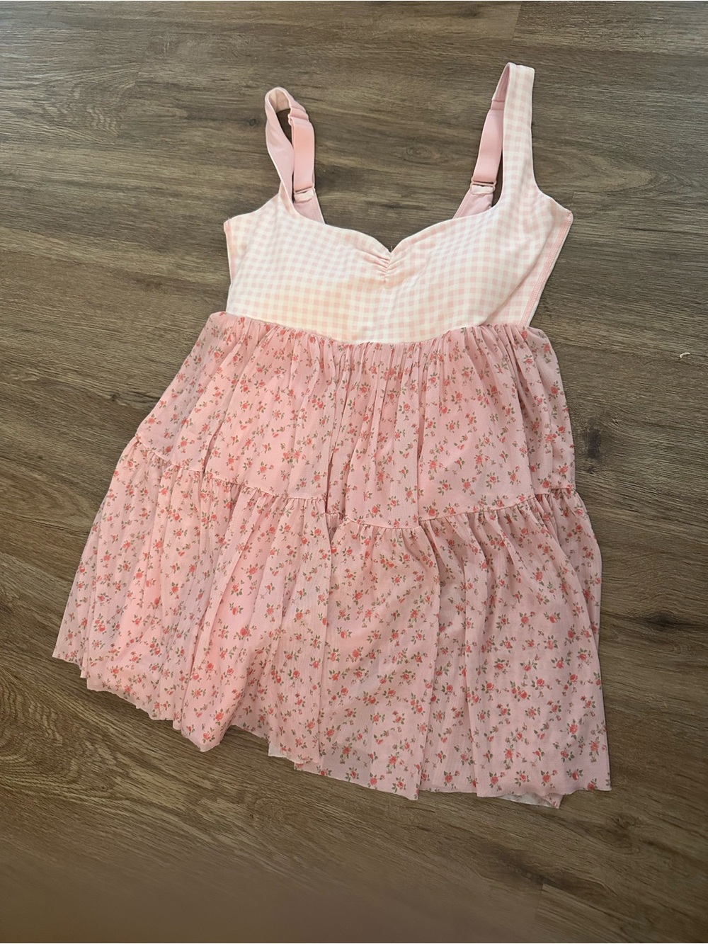 Pink Floral Tiered Mini Dress with Gingham Bodice
